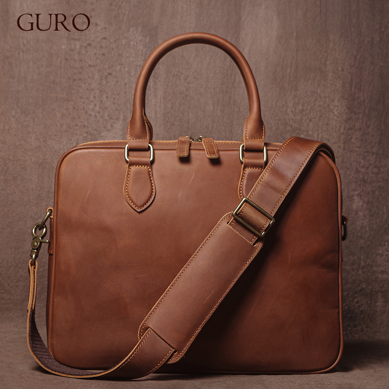 Luxury Tote Bags With Zipper - GURO Men Crazy Horse Cowhide Briefcase